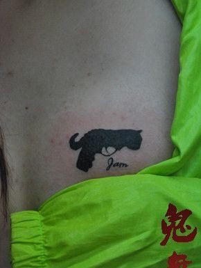 点击大图看下一张：女孩子胸部可爱的图腾猫咪手枪纹身图片