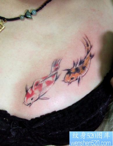 点击大图看下一张：女孩子胸部小鲤鱼纹身图片