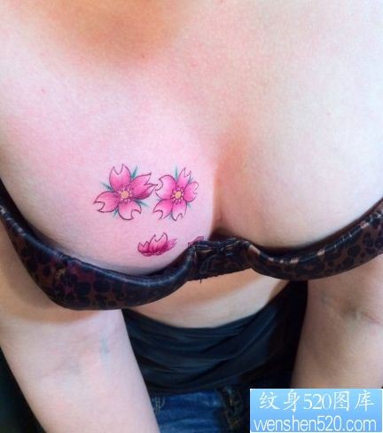 点击大图看下一张：女孩子胸部彩色樱花纹身图片