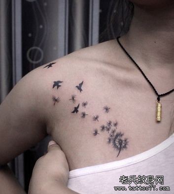 点击大图看下一张：女孩子胸部一幅蒲公英与小鸟纹身图片