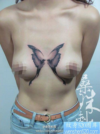 点击大图看下一张：美女胸部诱惑精美的蝴蝶翅膀纹身图片