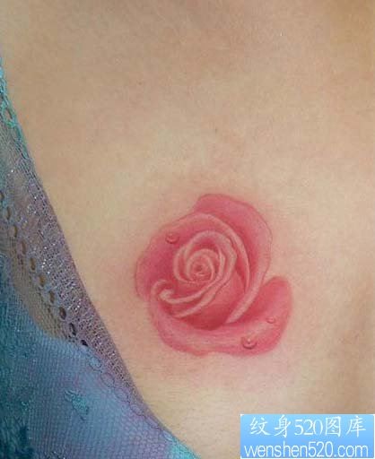 点击大图看下一张：美女胸部漂亮的粉色玫瑰花纹身图片