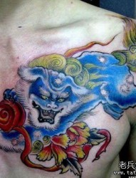 男生胸前一幅唐狮子纹身图片