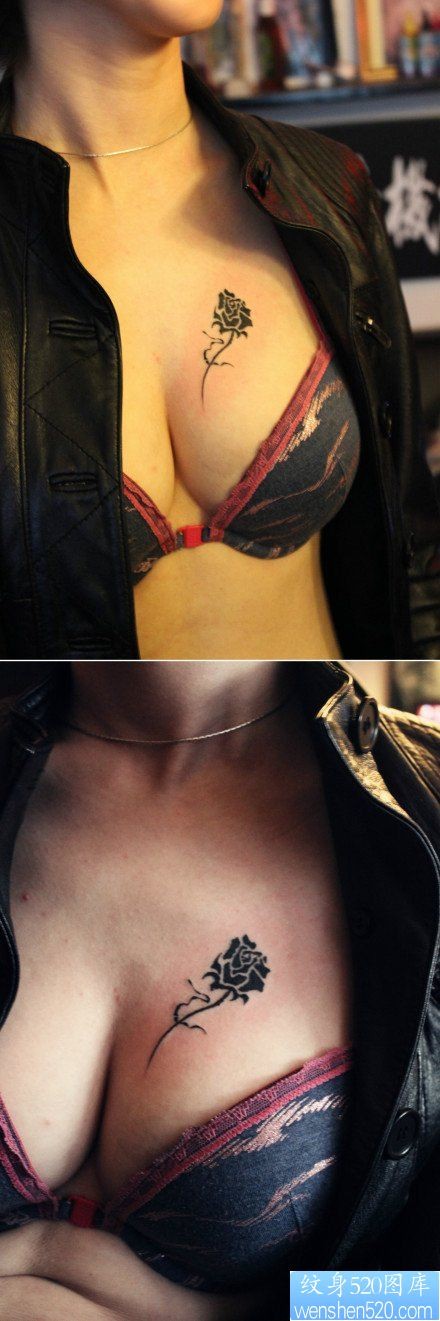 点击大图看下一张：诱人的美女胸部图腾玫瑰花纹身图片