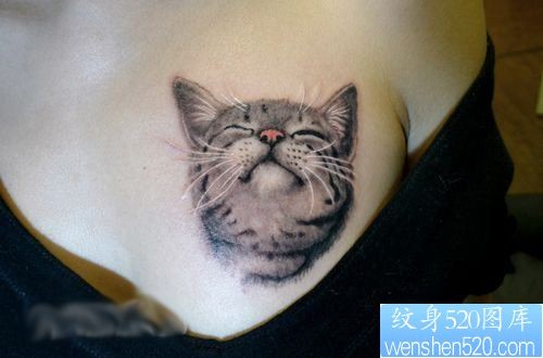 点击大图看下一张：美女胸部一幅猫咪纹身图片