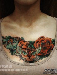 女人胸前猫咪玫瑰花纹身图片