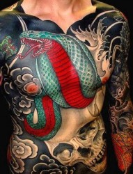 男士胸部腹部霸气骷髅蛇纹身图片