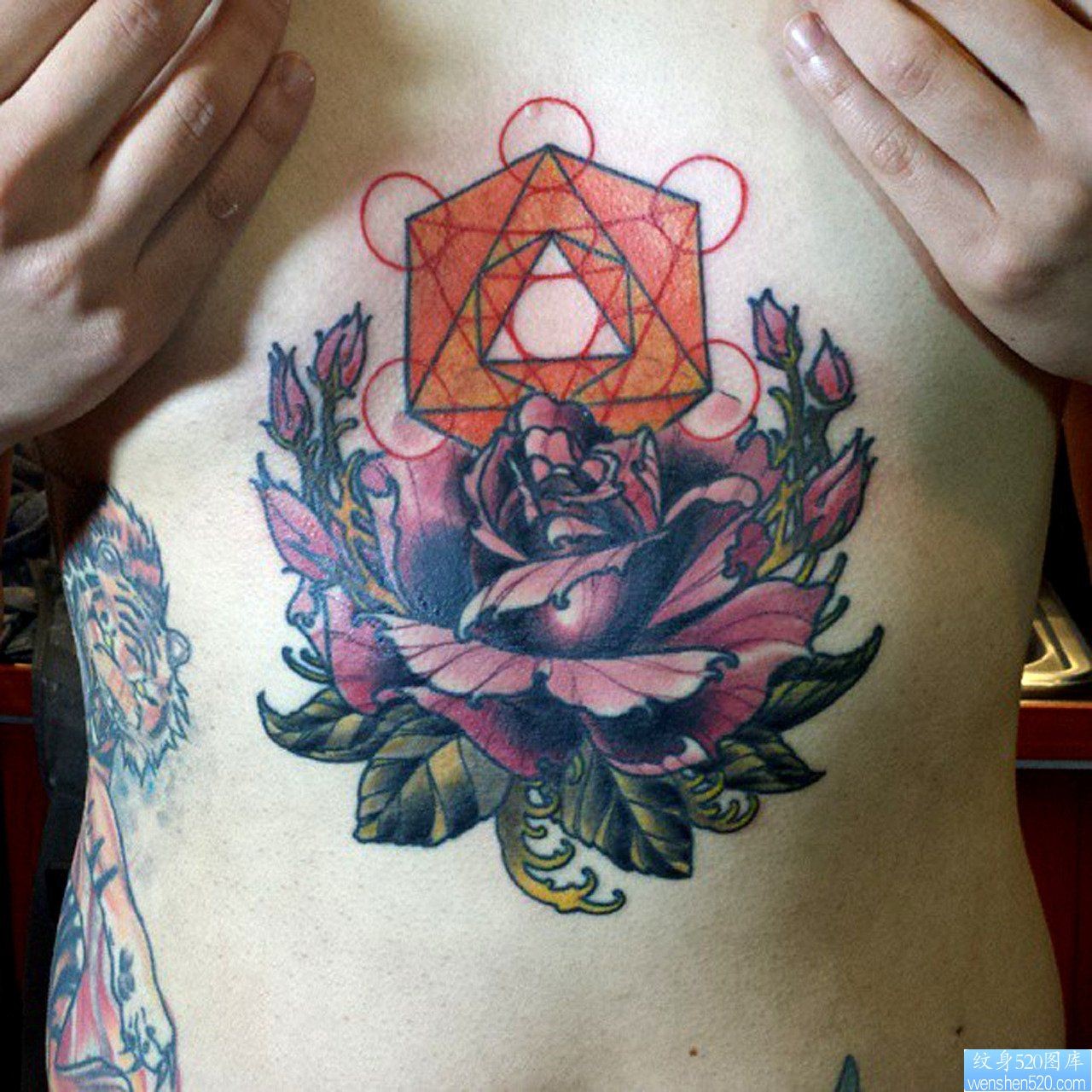 点击大图看下一张：一幅欧美胸口玫瑰花纹身图片