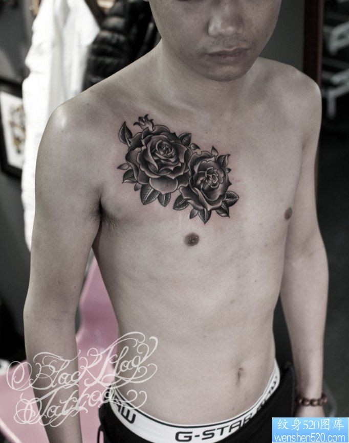 点击大图看下一张：一幅前胸玫瑰花纹身图片由纹身520图库推荐
