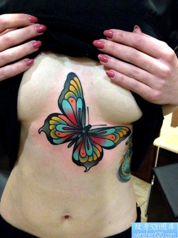 点击大图看下一张：推荐一幅胸口彩色蝴蝶纹身图片