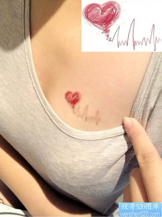 点击大图看下一张：纹身520图库推荐一幅胸部心电图纹身图片
