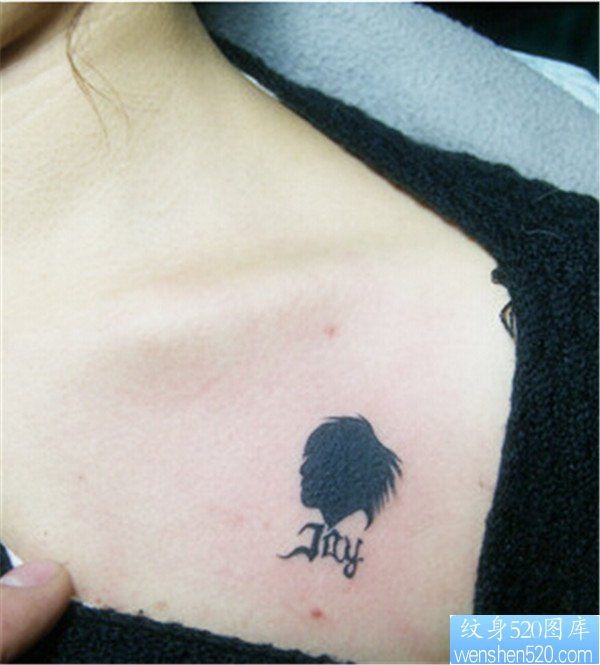 点击大图看下一张：一幅女生胸前头像纹身图案