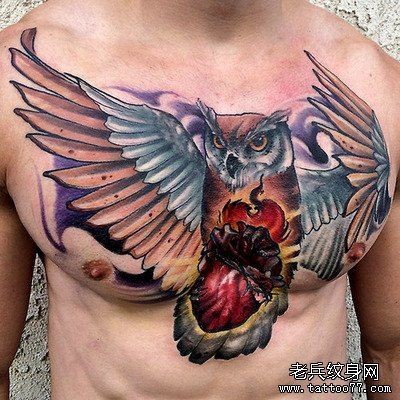 点击大图看下一张：胸口猫头鹰纹身图案