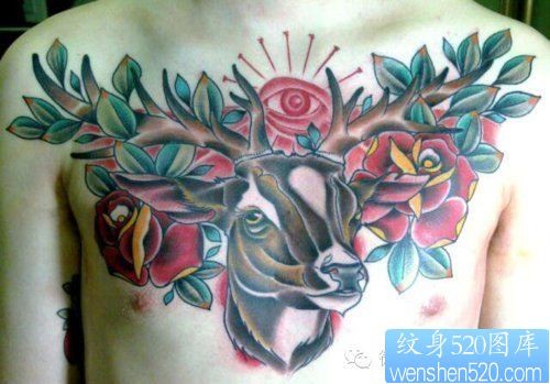 点击大图看下一张:一组胸口个性彩色鹿纹身图案