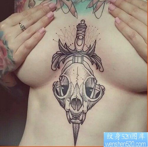 点击大图看下一张：女性胸口骷髅匕首纹身图案