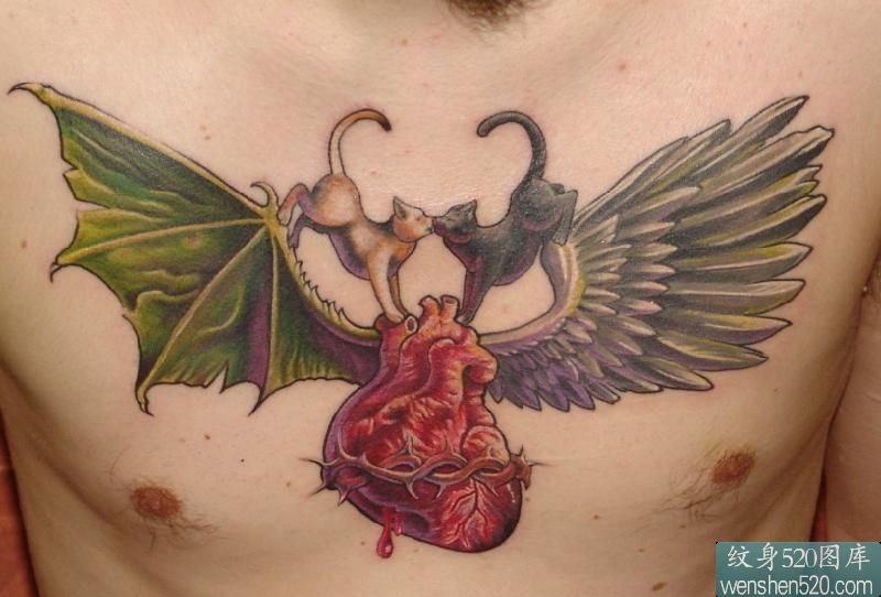 点击大图看下一张：一款恶魔天使盗取心脏纹身图