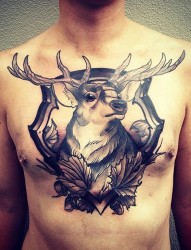 胸部帅气时尚的鹿头纹身