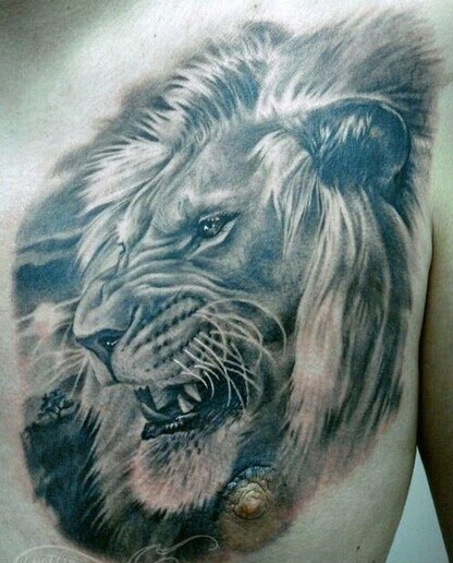 点击大图看下一张：胸部帅气的狮子头纹身图3