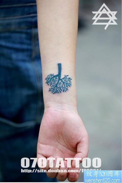 点击大图看下一张：手腕上一幅精致的树纹身图片