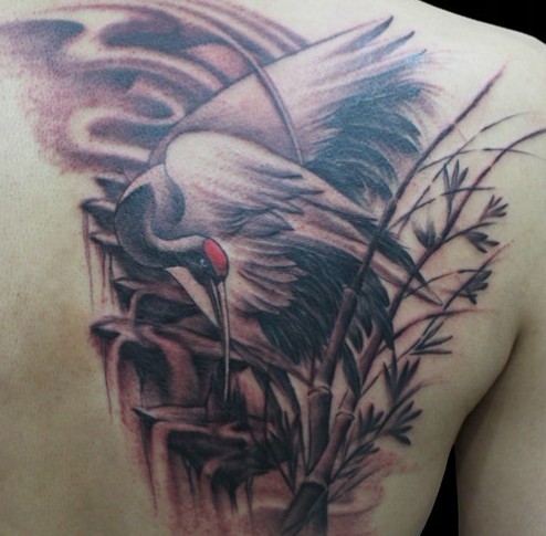 点击大图看下一张：背部一只孤独的丹顶鹤纹身