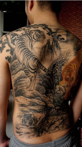 点击大图看下一张：男士背部超酷的三只老虎纹身图案