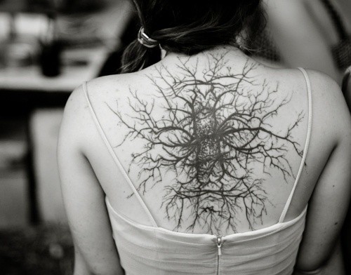点击大图看下一张：女性背部枯树创意刺青