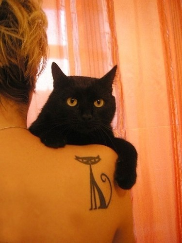 点击大图看下一张：女性背部小黑猫刺青