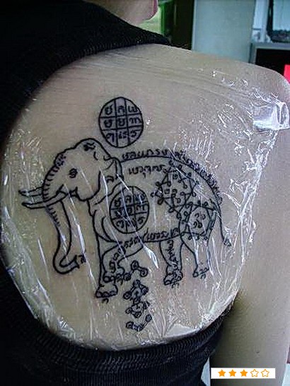 点击大图看下一张：后背右侧肩胛处大象纹身作品图案