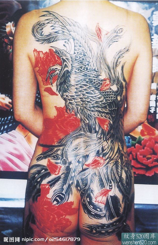 点击大图看下一张：红黑相间的女性满背凤凰纹身