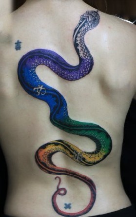 点击大图看下一张：蛇纹身图片：背部彩色蛇纹身