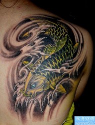 鲤鱼纹身图片：背部彩色鲤鱼纹身图片纹身作品