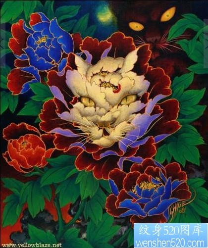 点击大图看下一张:猫牡丹纹身图片