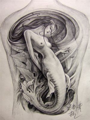 点击大图看下一张：满背纹身图片：满背美人鱼纹身图片作品