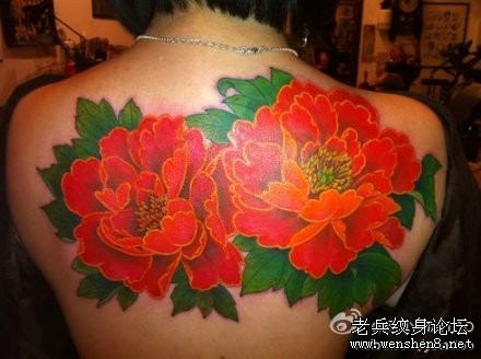 点击大图看下一张：美女背部彩色牡丹纹身图片