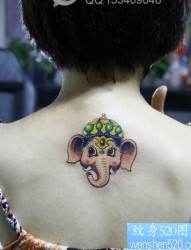 女人背部可爱的小象纹身图片