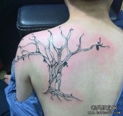 点击大图看下一张：一幅背部精美潮流的图腾树纹身图片
