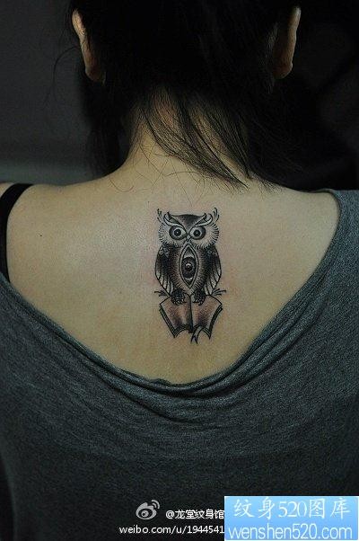 点击大图看下一张：女人背部很萌的猫头鹰纹身图片