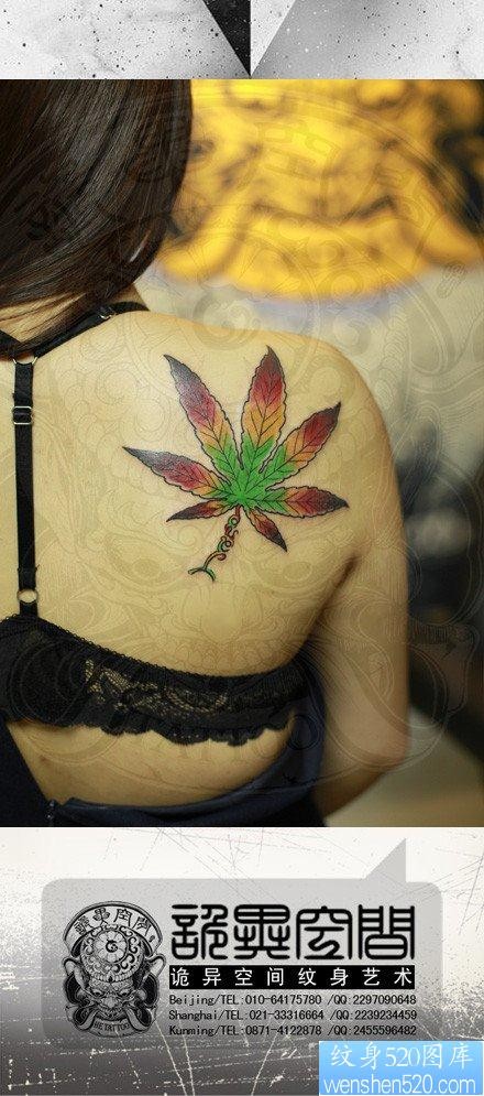 点击大图看下一张：女人背部漂亮精美的叶子纹身图片
