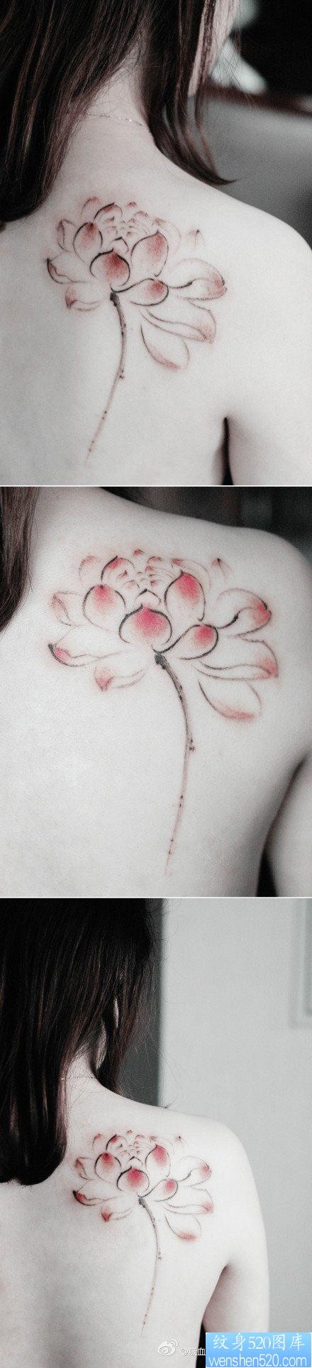点击大图看下一张：美女后背漂亮唯美的水墨莲花纹身图片