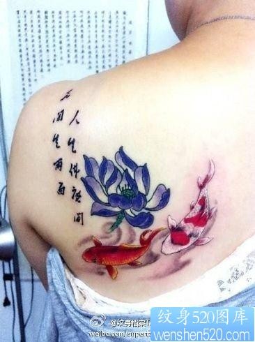 点击大图看下一张：女人后背漂亮唯美的莲花鲤鱼纹身图片