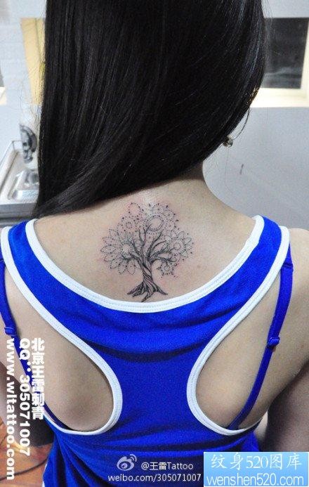 点击大图看下一张：女人后背小巧精美的小树纹身图片
