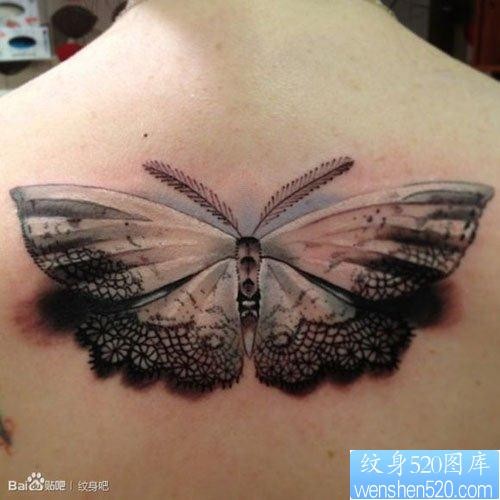 点击大图看下一张：后背漂亮精美的蕾丝边蝴蝶纹身图片