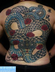 满背大蛇玫瑰纹身图案