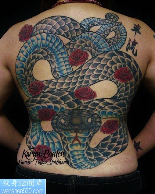 点击大图看下一张：满背大蛇玫瑰纹身图案