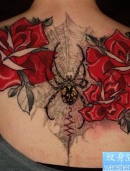 女性背部彩色莲花纹身图案