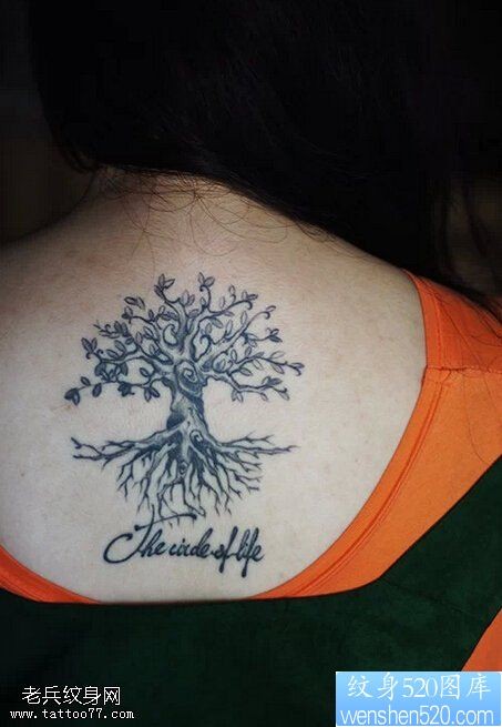 点击大图看下一张：女性背部生命之树字母纹身图案