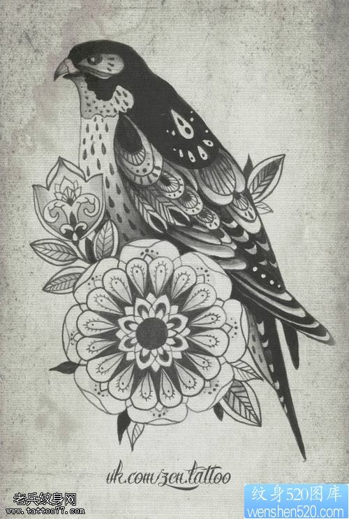 点击大图看下一张：一款梵花鸟类纹身手稿图案