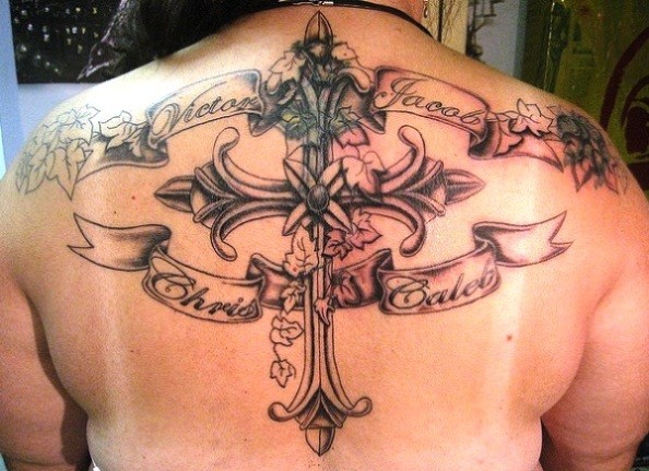 点击大图看下一张：背部帅气时尚的十字架翅膀纹身图2