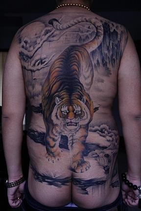 点击大图看下一张：男士后背一款下山虎纹身