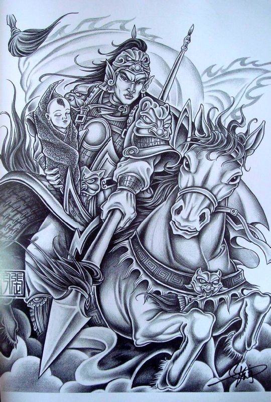 点击大图看下一张：大气的满背赵云纹身手稿图3